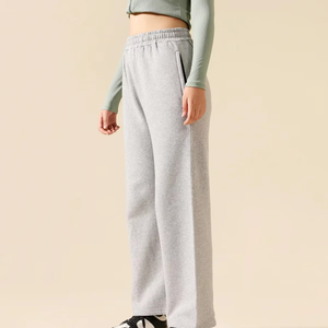 Pantalon de survêtement gris pour femme, coupe large, taille élastique, taille haute, décontracté, ample, longueur intégrale, couleur unie, en coton tricoté, automne - Product Image 3