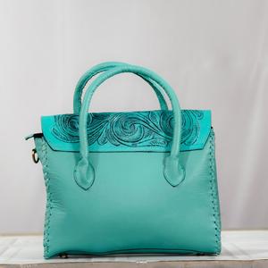 Bolso Tote de Cuero Genuino Turquesa con Patrón Floral Grabado, Estilo Bohemio, Cierre de Broche, Uso Diario, Todas las Temporadas - Product Image 3