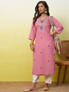 Conjunto de Kurta y Pantalón de Algodón Rosa con Bordado, Ropa Étnica Tradicional India para Mujer, Estilo Casual, Largo hasta el Tobillo, Corte Regular - Product Image 3