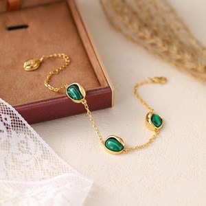 Malachite Chain <b>Stacking</b> Bracelet 925 Sterling Silver 14K Gold Plated Green Gemstone Dainty Women Jewelry Gift - Product Image 2