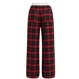 <b>Womens</b> Red <b>Black</b> Plaid Wide Leg Lounge <b>Pants</b> With White Elastic Waistband Drawstring Side Pockets And Relaxed Casual Fit Pajamas - Product Image 2