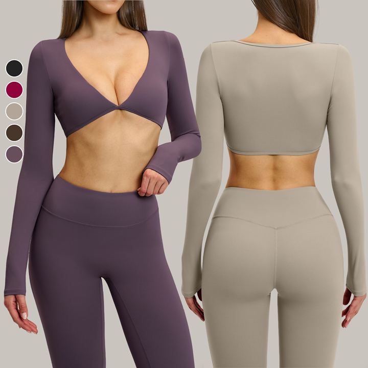 Hot Sale Custom Softness Workout Sportswear Tight Long Sleeve Yoga T-shirt Sexy Deep V Neck Women Workout Gym Crop Top Sexy Top