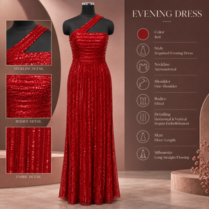 Vestido de Noche Rojo Rubí con Lentejuelas y un Solo Hombro Descubierto |   Vestido Asimétrico Largo hasta el Suelo con Corte en A y Cintura Ajustada para Eventos y Fiestas - Product Image 5
