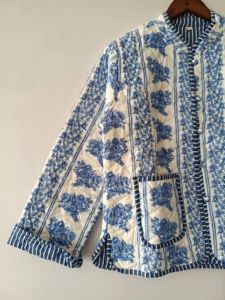 Reversible <b>Quilted</b> <b>Jacket</b>: Hand Block Print Lurex Cotton, Floral Partywear - Product Image 3