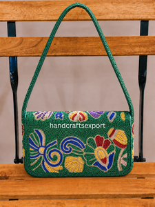 Handmade Durable Beaded Satin Embroidery Flap Shoulder <b>Bag</b> Women's Bohemian Crossbody Purse Single <b>Strap</b> Floral Pattern - Product Image 2