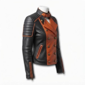Chaqueta de Motociclista de Cuero Genuino para Mujer, Cuello Alto, Doble Botonadura, Manga Larga, Abrigo de Motociclista, Ropa de Abrigo para Otoño - Product Image 3