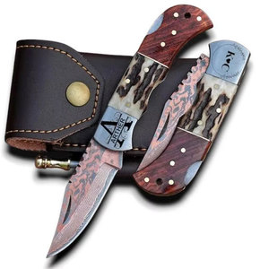 Hand Forged Copper Damascus Steel Folding Knife with Stag Antler Steel Bolster Handle Custom San Mai EDC Pocket Utlity Knife - Product Image 2