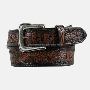 Wholesale custom made Luxury hand carved leaf engraved designer Unisex Genuine Brown Western <b>leather</b> tooling <b>belt</b> - Product Image 4
