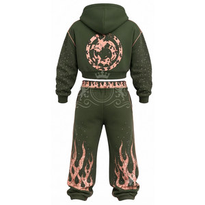 Conjunto Deportivo para Hombre con Estampado de Llamas en Serigrafía, 100% Algodón, Cremallera Completa, 450 Gsm, Sudadera Corta con Capucha, Pantalones Jogger, Corte Holgado Informal - Product Image 2