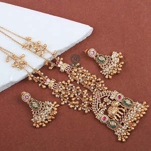 Gamini Antique Gold Plated Zircon Beaded Long Necklace & Earring Set for Festival Bridal - Product Image 3