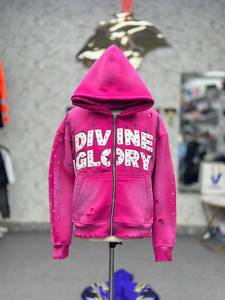 Nouveau sweat-shirt à capuche zippé unisexe décontracté en molleton 100 % coton, coupe oversize, manches ornées de strass, tricoté, écologique, style automne - Product Image 4