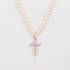 Elegante Collar de Perlas Blancas con Colgante de Cruz de Moissanita para Hombre y Mujer, Chapado en Rodio, Plata 925, Joyería Hip Hop - Product Image 1