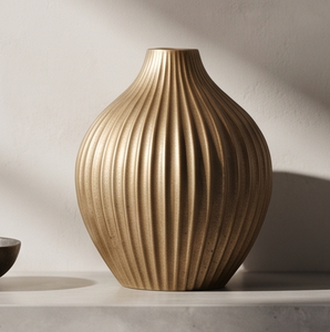 Jarrón Decorativo de Metal Dorado de Lujo, Moderno, con Textura Acanalada, para Flores, para Hogar, Oficina, Vestíbulo, Diseño de Interiores - Product Image 1