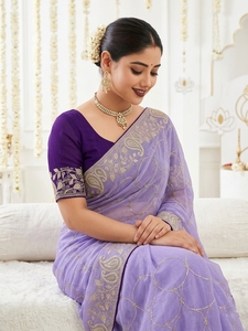 <b>Purple</b> Silk <b>Saree</b> With Silver Embroidery Traditional Wedding Wear For Women Floor Length Regular Fit Wrinkle Free - Product Image 2