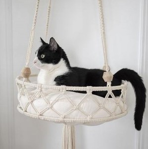 Modern Boho Style Macrame <b>Hammock</b> Handwoven Comfortable Indoor Cat & Rabbit Bed Cave Home Decor Wall Bed Sleeping Playing Kit - Product Image 2