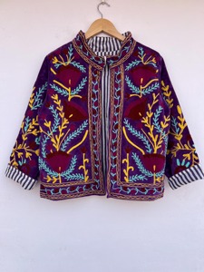 Manteau en velours brodé de fleurs bohèmes, grande taille, vêtements décontractés pour femmes, col rond, manches longues, vêtements d'hiver, doublure en coton - Product Image 1