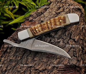 UA Supplies Custom Hand Forged Stainless Steel Folding Knife Ram Horn Handle Hunting Industrial Grade Liner <b>Lock</b> Pocket OEM - Product Image 2