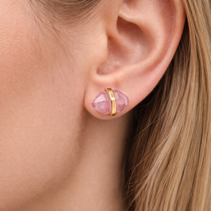 Rose Quartz Elongated Hexagon <b>Stud</b> <b>Earring</b> Center Bezel <b>Set</b> Faceted Gemstone Handmade Minimalist Jewelry Gift For Her - Product Image 2