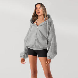 Sudadera con Capucha y Cremallera para Mujer, Hombros Caídos, Mezcla de Poliéster/Algodón, Secado Rápido, Color Sólido, Manga Larga, Transpirable, Invierno/Otoño - Product Image 6