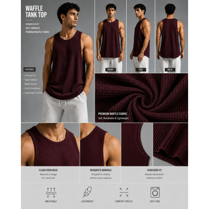Waffle <b>Tank</b> <b>Top</b> <b>Men</b> Oversized Sleeveless Crew Neck Breathable Lightweight Knitted Vest Solid 160g 100% Cotton Casual - Product Image 5