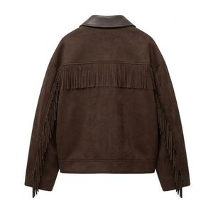 Veste en cuir PU marron vieilli personnalisée pour femme, style rétro, col pointu, fermeture éclair sur le devant, streetwear héritage - Product Image 2