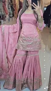 ชุดชาราร่าผ้าไหมสีชมพูหรูหราสำหรับผู้หญิง ปักลายทองคำหนักด้วยด้ายซารี งานปักโกต้าปาตติ ดีไซน์เนอร์ ชุดสำหรับงานแต่งงาน งานปาร์ตี้ ชุดฤดูหนาว ชุดสัลวาร์ คามีซ - Product Image 3