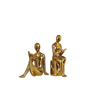 Modern design abstract cast aluminum human figurine bookend set gold finish metal <b>decorative</b> <b>book</b> holder reading man sculpture - Product Image 1