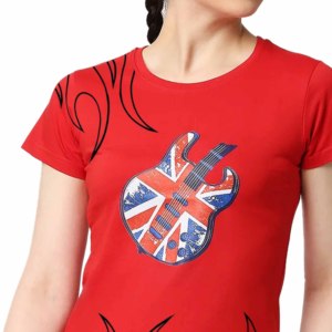 Women's Red Punk Style T-<b>Shirt</b> With UK Flag Guitar Print <b>Flame</b> Design Slim Fit Crew Neck Short Sleeve 100% Polyester Jersey - Product Image 3