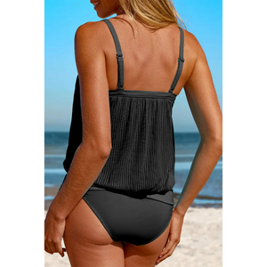 Ensemble tankini côtelé pour femme avec bas à taille haute et liens sur les côtés - Product Image 3