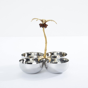 Silver Cluster Bowl Features Four Hammered Pieces Arranged Around A Central Gold Palm <b>Tree</b> <b>Stand</b> For Decorative & Serving - Product Image 2