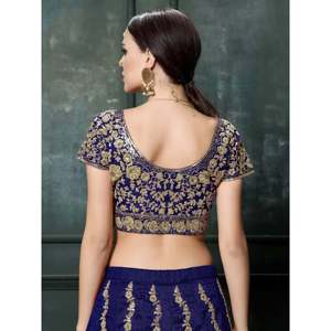 Navy Blue Pearl & Lace Applique Silk <b>Wedding</b> Lehenga Choli for Bride - Product Image 3