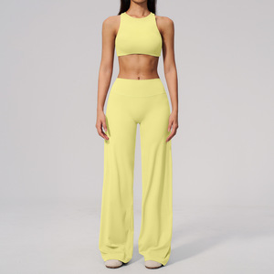 New Collection High Waist Wide Leg Yoga Pants Set Leisure Yoga Wear Pilates Tummy Control Open Back Nude Feel Gym Fitness Set - Product Image 3