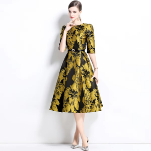 Elegante Vestido Maxi con Estampado de Lámina Dorada, Mangas Abullonadas y Cintura Ajustada, Vestidos Casuales para Mujer - Product Image 3