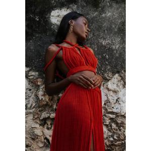 <b>Sexy</b> Casual Club Women's Knitted Two Piece <b>Set</b> Criss-Cross Halter Top Pleated Long Skirt Solid Color Plain Dyed Breathable - Product Image 3