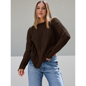 Suéter de cuello alto de punto trenzado extragrande para mujer, manga larga, antipilling, casual, grueso, de otoño, 100% poliéster - Product Image 6