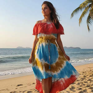 Vibrante Vestido de Playa Tie Dye con Volantes y Hombros Descubiertos, Vestido de Verano Colorido para Vacaciones, Estilo Boho, Azul - Product Image 1
