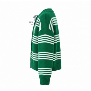 Cardigan en tricot rayé pour femme Iota Phi Lambda Sorority, boutonné, manches longues, col rond, vert et blanc, brodé, pull décontracté - Product Image 3