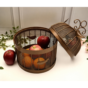 Antique Bronze Metal Fruit Bulbul Basket with <b>Mesh</b> Lid Decorative Birdcage Style <b>Insect</b>-Proof Storage Holder Fr Kitchen Counter - Product Image 1