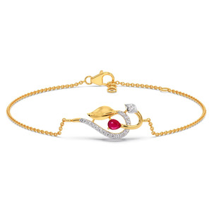 Floral Swirl Diamond <b>Bracelet</b> with Yellow Gold Chain and <b>Red</b> Stone Center Accent Design - Product Image 2