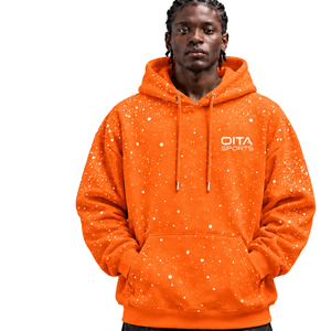 Sweat à capuche pour homme en molleton épais, imprimé à pois orange et blanc, avec cordon de serrage et poche kangourou, style streetwear décontracté - Product Image 1