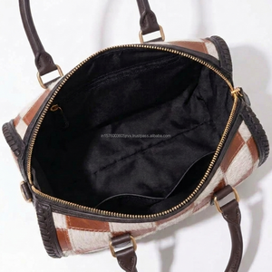 <b>Tan</b> And White Genuine Leather Checkered Hair On Patchwork Handbag Crossbody Duffel <b>Bag</b> Cowgirl Western Hair-on Hide Speedy <b>Bag</b> - Product Image 3