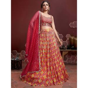 Wedding Wear Plus Size <b>Red</b> Embroidered Chinon <b>Lehenga</b> Choli - Product Image 1