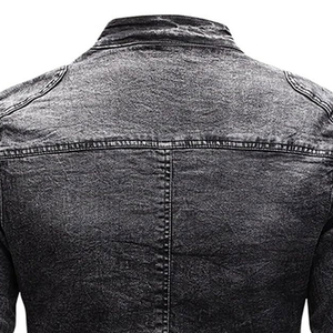<b>Men's</b> Washed <b>Denim</b> <b>Jacket</b> Stand Collar Zipper Closure Slim Fit Moto Style Regular Sleeve Autumn Wear - Product Image 6