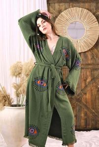 Atractivo Conjunto Bohemio Orgánico Elegante Hecho a Mano con Ojo Turco y Cinturón, para el Hogar, Kimono de Manga Larga Bordado, Cubrebaño de Playa - Product Image 2
