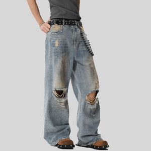 Jeans en denim pour hommes de haute qualité, style rétro, délavé, effet usé, déchiré, coupe droite, vente en gros, logo personnalisé, jeans baggy - Product Image 1