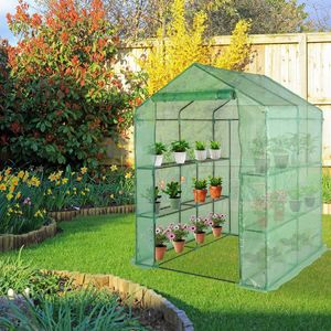 Serre de jardin 143x143x195cm en tuyaux de fer noir avec support de fleurs à 8 grilles, porte roulante à fermeture éclair et toile PE - Product Image 2