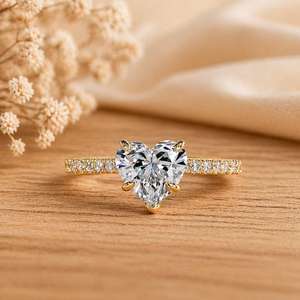 Bague de fiançailles en diamant de laboratoire taille cœur et taille ronde, or massif 10K 14K 18K, alliance en platine, bijoux fins romantiques pour mariée, couleur E - Product Image 2