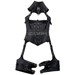 Ensemble de corset harnais en satin noir à baleines en acier sous la poitrine - Product Image 1