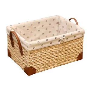 <b>Rectangular</b> storage <b>basket</b> woven from water hyacinth, fruit and food tray with fabric lining, leather-covered bottom. - Product Image 5