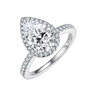 Bague de fiançailles en or blanc 10 carats avec diamant taille goutte d'eau Halo, cultivé en laboratoire, faite à la main pour femme, pour demande en mariage ou mariage - Product Image 1